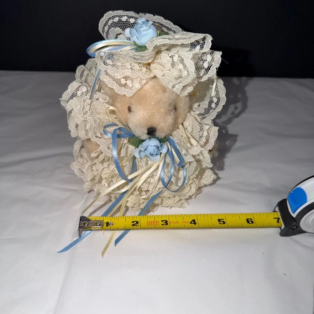 Vintage Teddy Bear Plush Cream Small Cream Lace Blue Ribbon Ruffle Victorian 6